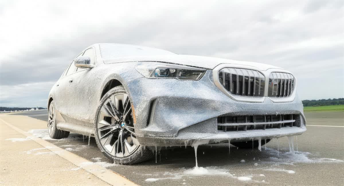 BMW 5 Series under foam during a mobile detail in Newport Beach